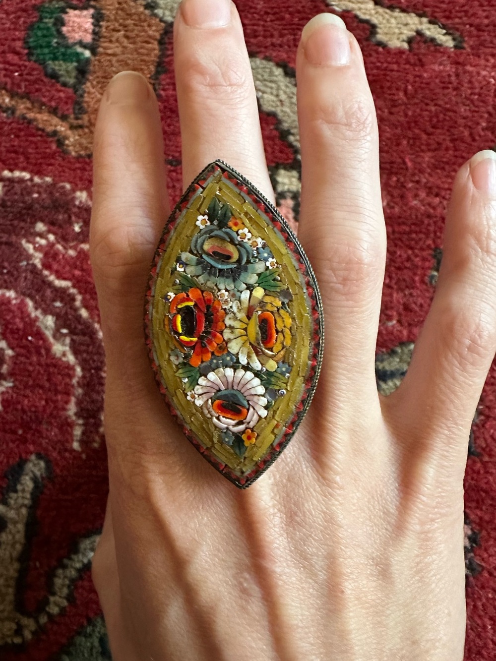 Vintage Antique Micro Mosaic Floral Ring Statement Art To Wear Huge Size 10.5